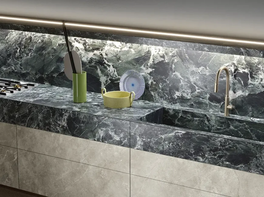 Широкоформатная керамогранитная плита Sapienstone Alpi Chiaro Venato — фото 6 — MAS — Modern Acrylic Stone