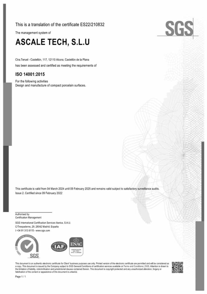 Сертификат качества стандарта ISO 14001:2015 "Ascale" — MAS — Modern Acrylic Stone