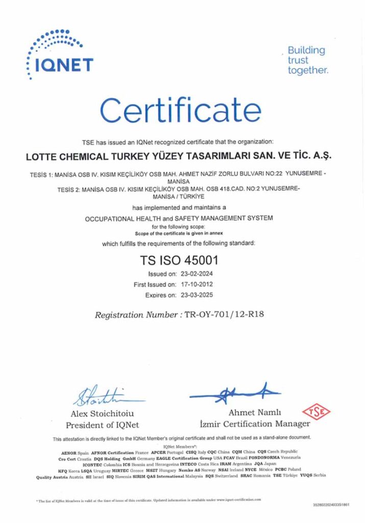 Сертификат качества стандарта ISO 45001 "Belenco" — MAS — Modern Acrylic Stone