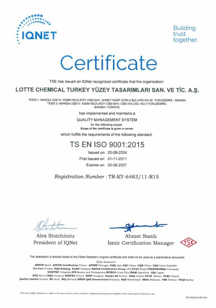 Сертифікат якості стандарту ISO 9001:2015 "Belenco" — MAS — Modern Acrylic Stone