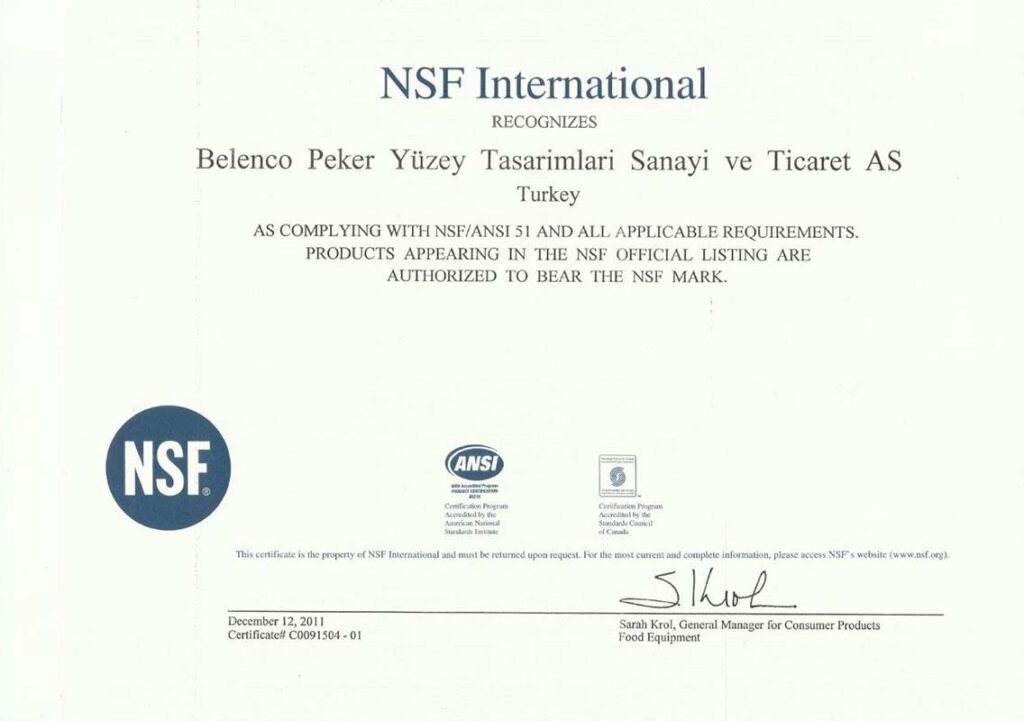 Сертификат соответствия стандартам NSF/ANSI51 "Belenco" — MAS — Modern Acrylic Stone