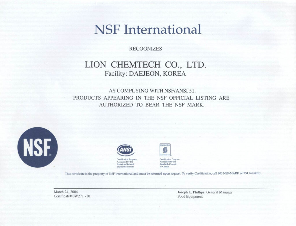 Сертифікат Lion Chemtech Co. Ltd щодо відповідності стандартам NSF/ANSI51 — MAS — Modern Acrylic Stone