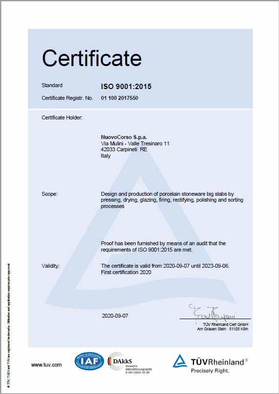 Сертифікат якості стандарту ISO 9001:2015 "Keralini" — MAS — Modern Acrylic Stone