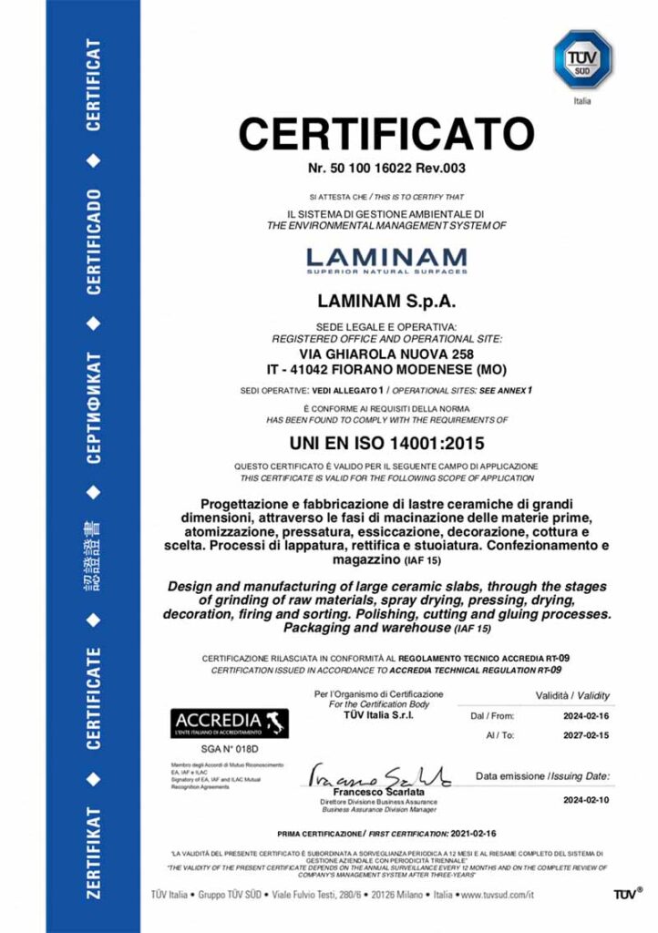 Сертификат качества стандарта ISO 14001:2015 "Laminam" — MAS — Modern Acrylic Stone