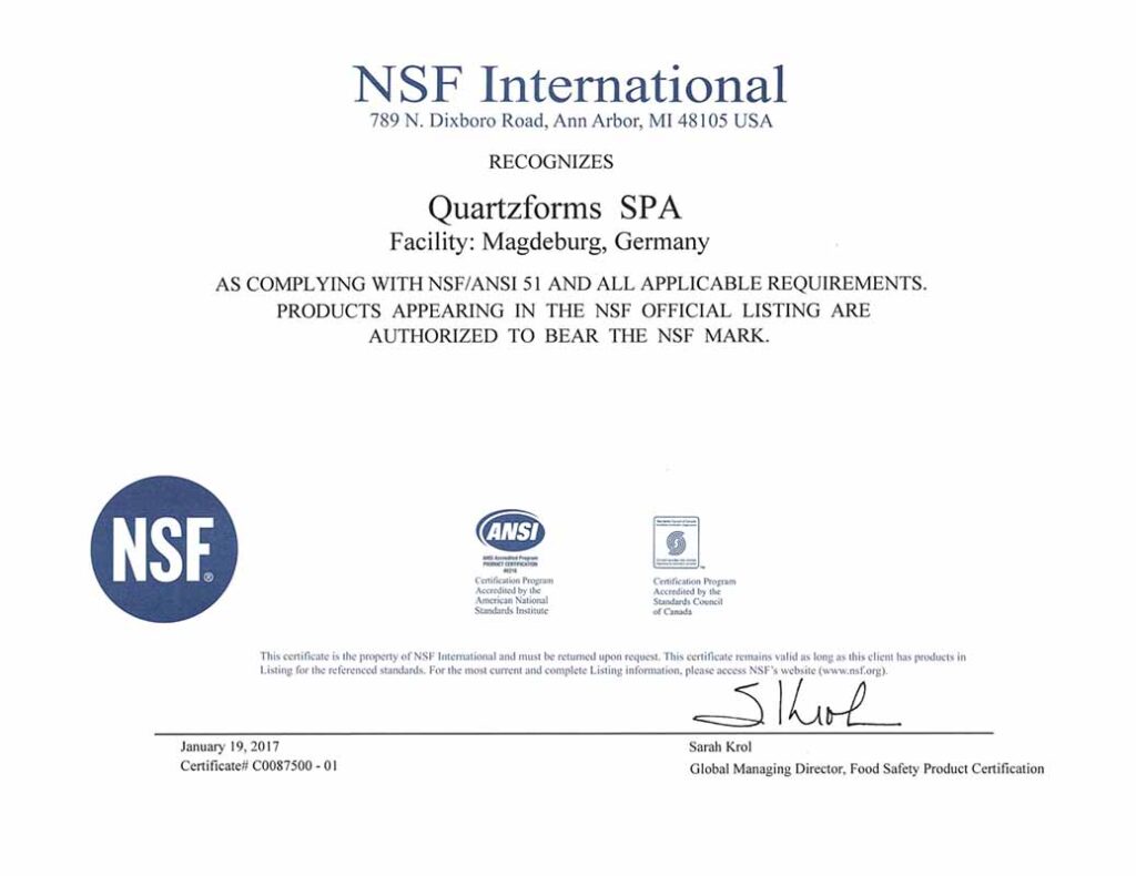 Сертифікат Quartzforms щодо відповідності стандартам NSF/ANSI51 — MAS — Modern Acrylic Stone