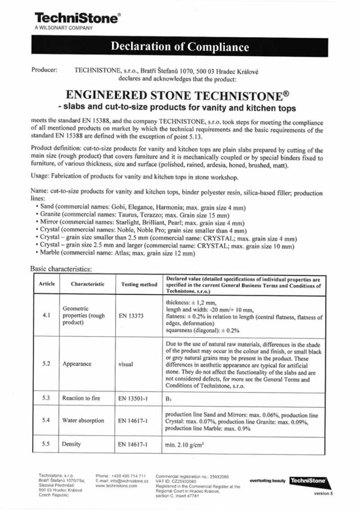 Сертификат соответствия "Technistone" — фото 1 — MAS — Modern Acrylic Stone