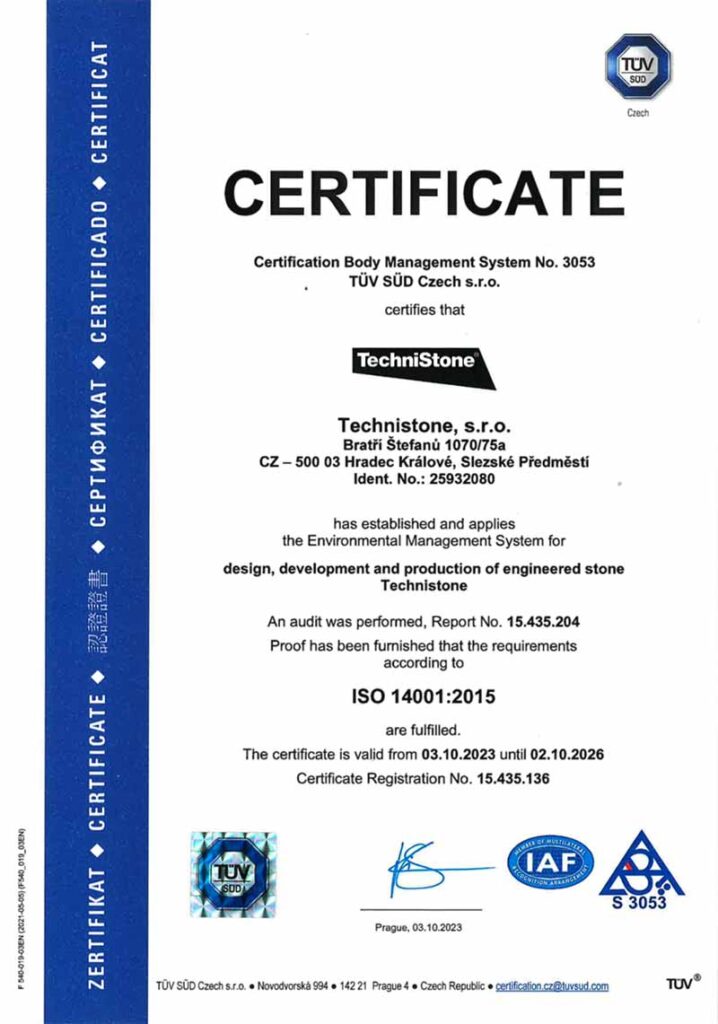 Сертификат качества стандарта ISO 14001:2015 "Technistone" — MAS — Modern Acrylic Stone