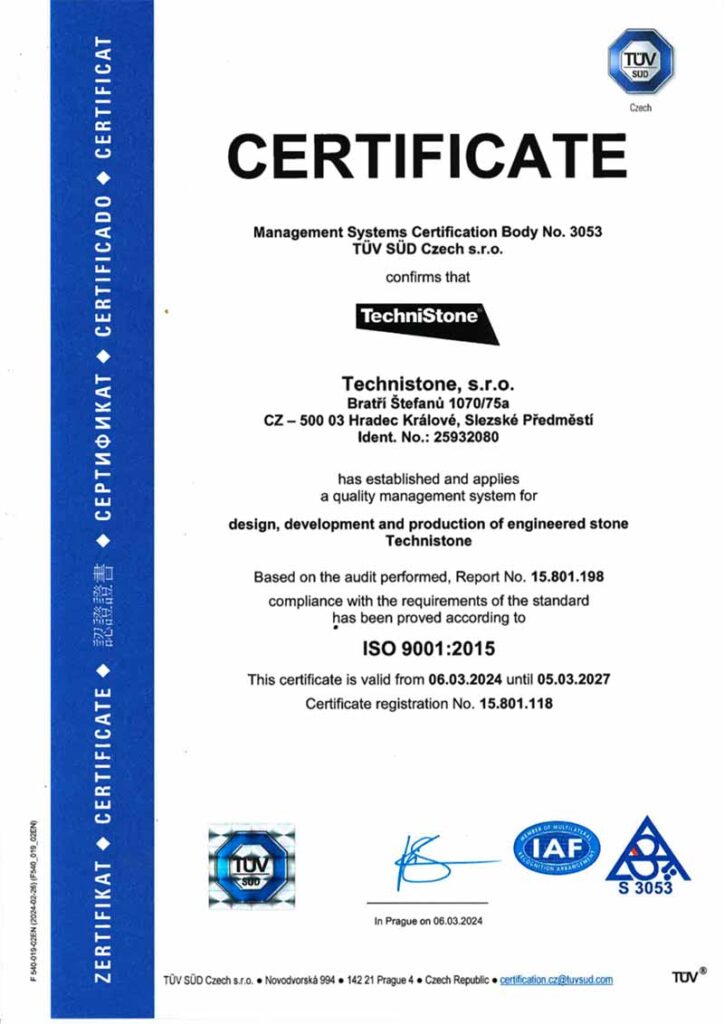Сертификат качества стандарта ISO 9001:2015 "Technistone" — MAS — Modern Acrylic Stone