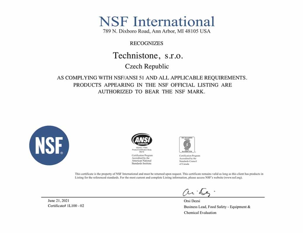 Сертификат соответствия стандартам NSF/ANSI51 "Technistone" — MAS — Modern Acrylic Stone
