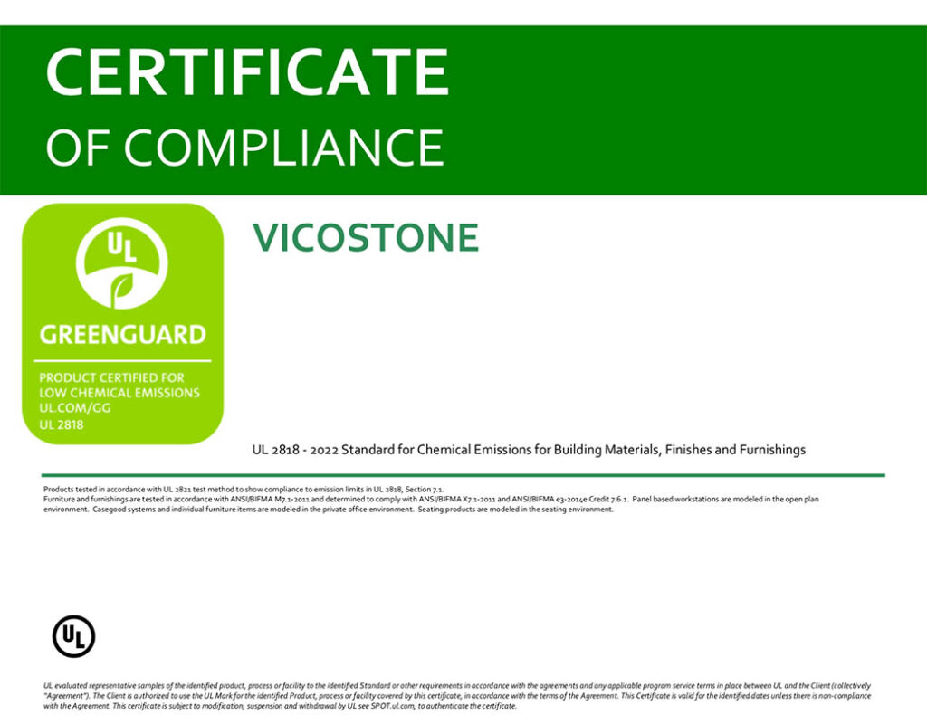 Сертифікат відповідності стандартам Greenguard "Vicostone" — MAS — Modern Acrylic Stone