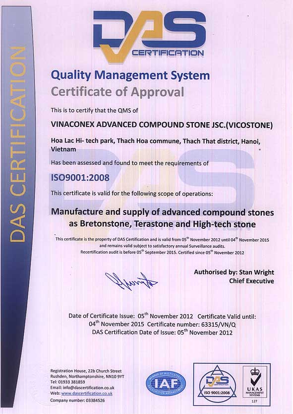 Сертификат качества стандарта ISO 9001:2008 "Vicostone" — MAS — Modern Acrylic Stone