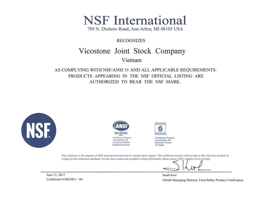 Сертификат соответствия стандартам NSF/ANSI51 "Vicostone" — MAS — Modern Acrylic Stone