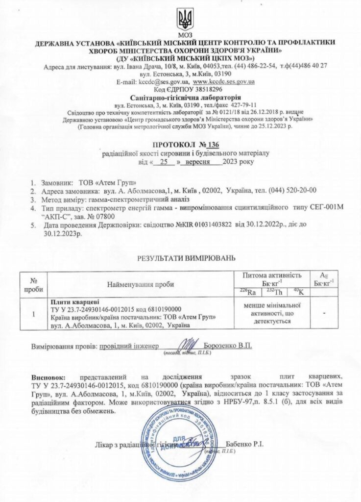 Протокол радиационного качества сырья и строительного материала "АТЕМ" — фото 1 — MAS — Modern Acrylic Stone