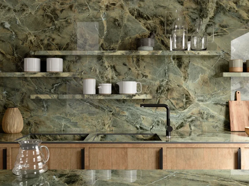 Широкоформатна керамогранітна плита Marazzi Grande Marble Look Verde Borgogna — фото 5 — MAS — Modern Acrylic Stone