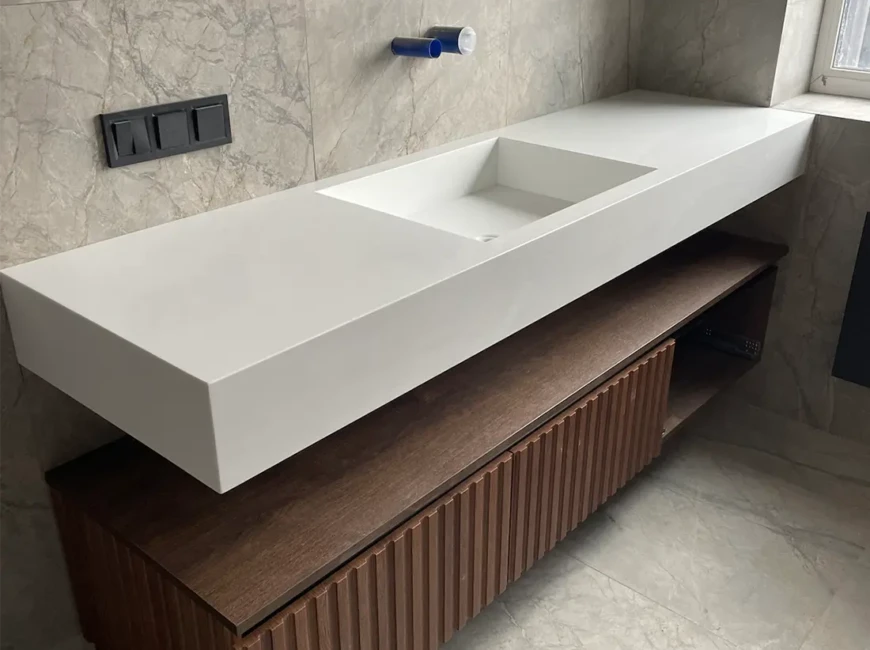 Навісна стільниця з прямокутною раковиною з акрилу Grandex P-104 Pure White — фото 1 — MAS — Modern Acrylic Stone